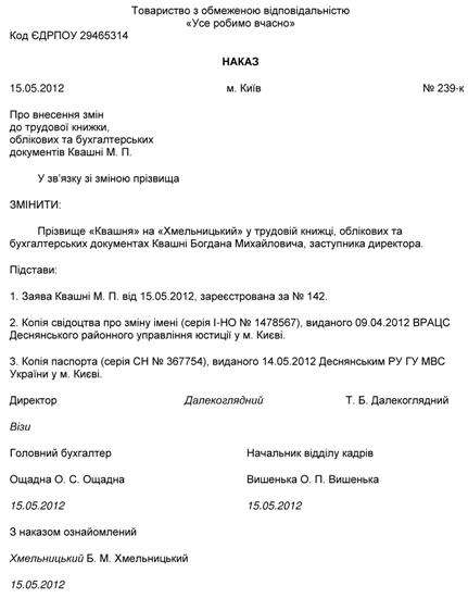 Зміна прізвища в трудовій книжці та інших облікових документах