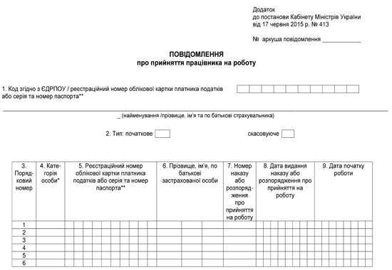 Бланк повідомлення ДФС про прийняття працівника на роботу