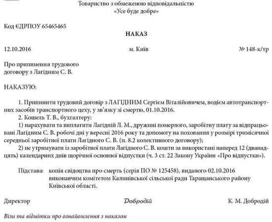 Звільнення працівника у зв’язку зі смертю
