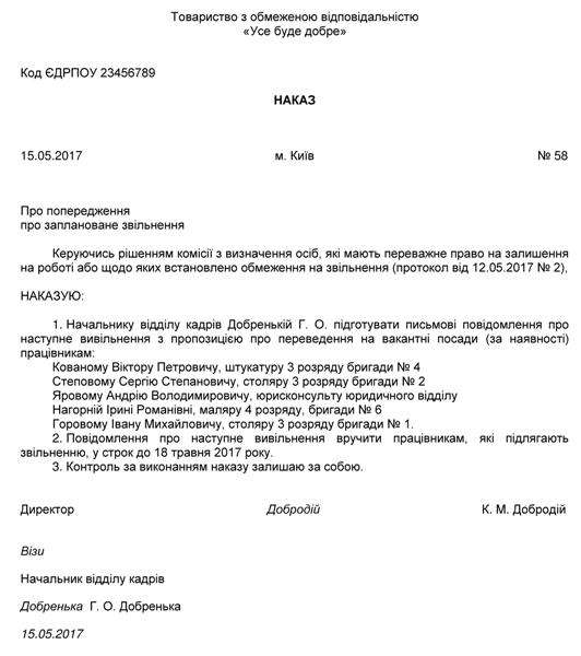Наказ про попередження працівників про заплановане звільнення