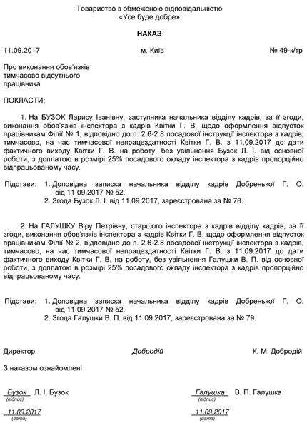 Наказ про виконання обов’язків на період лікарняного 