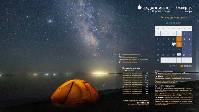 Виробничий календар кадровика на липень 2023