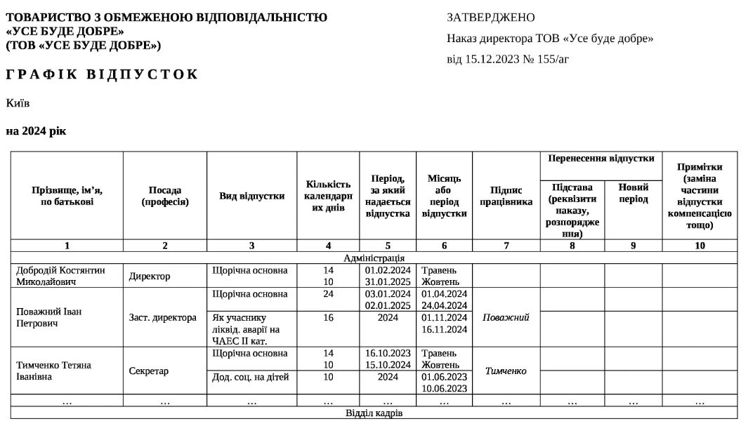  Графік відпусток 2024
