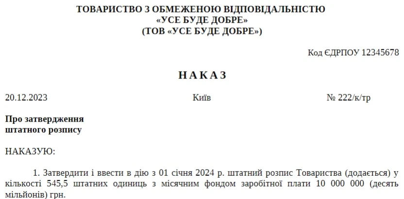 Зразок наказу про затвердження штатного розпису 2024