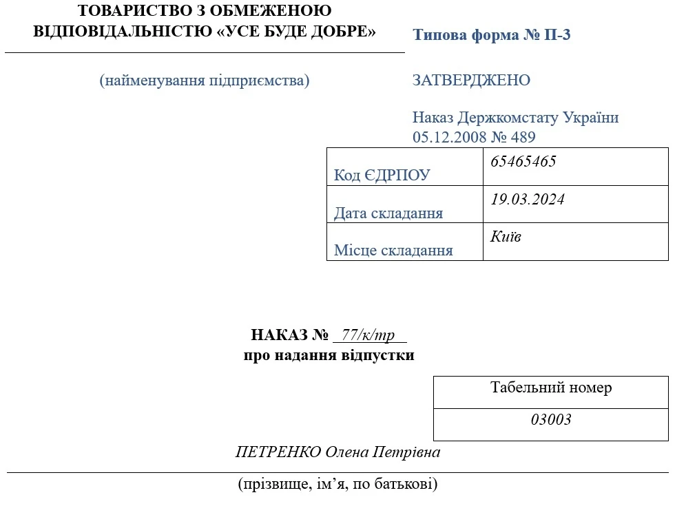 Зразок оформлення наказу за типовою формою № П-3