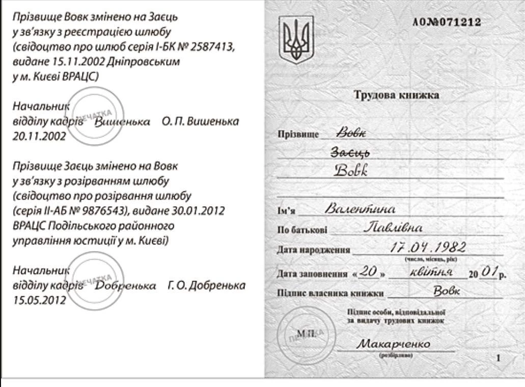 Унесення запису про зміну прізвища у трудову книжку