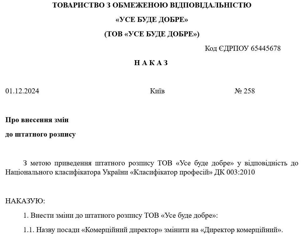 Зразок наказу про внесення змін до штатного розпису у зв’язку із зміною назви посади Наказ про внесення змін до штатного розпису: зразок