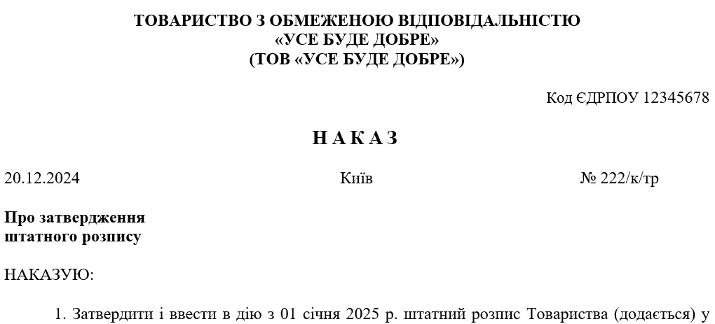 Наказ про затвердження штатного розпису 2025
