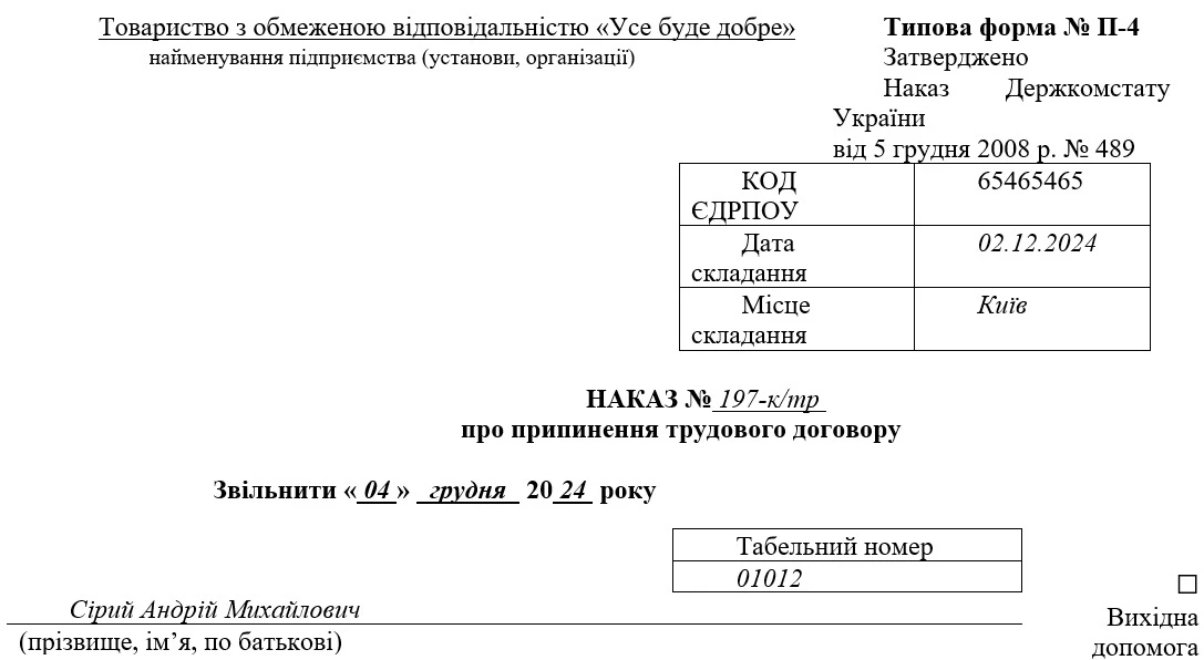 Зразок наказу про звільнення за згодою сторін