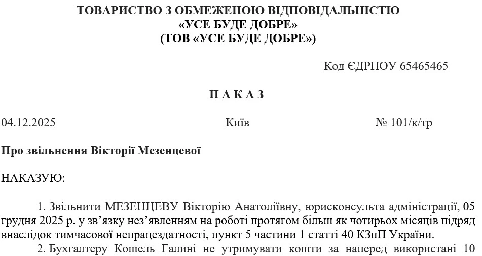 Зразок наказу про звільнення з ініціативи роботодавця (у зв’язку з нез’явленням на роботу протягом більш як чотирьох місяців поспіль внаслідок тимчасової непрацездатності)