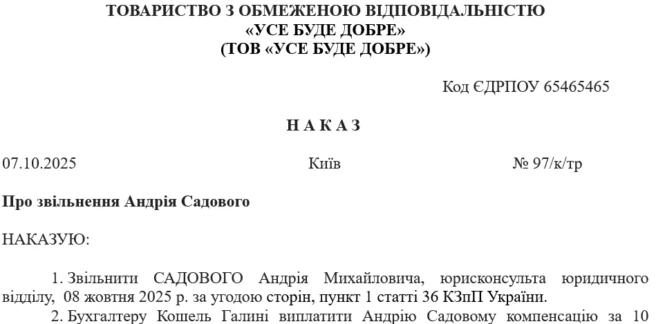 Наказ про звільнення за угодою сторін: зразок