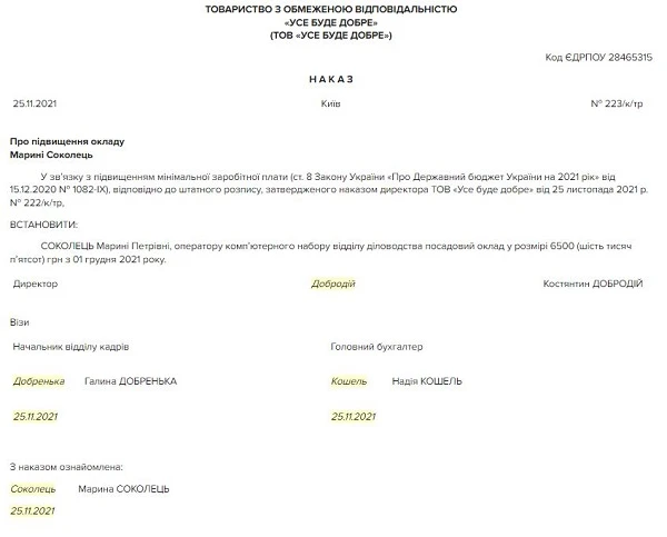 Наказ про підвищення окладу у зв’язку зі зростанням мінімальної зарплати