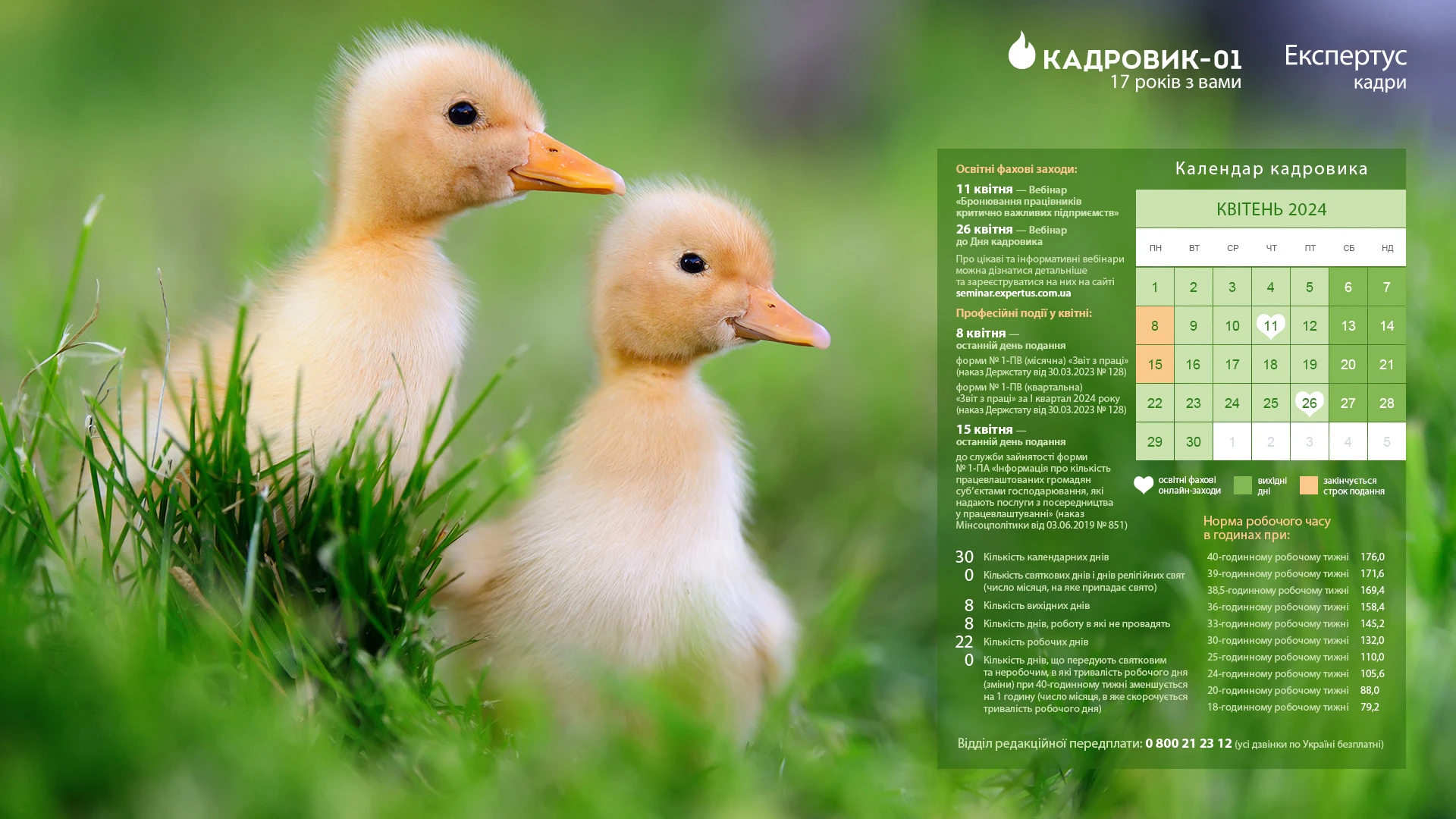 Виробничий календар кадровика на квітень 2024