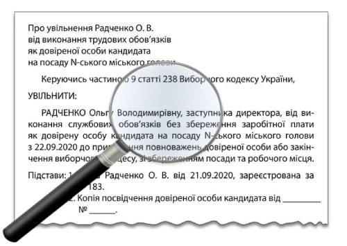 Наказ про увільнення від роботи працівника — довіреної особи кандидата