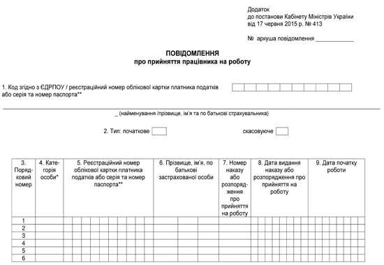 Бланк повідомлення ДФС про прийняття працівника на роботу