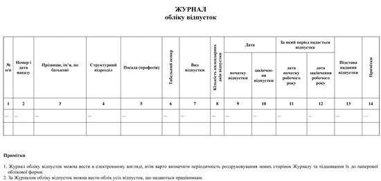 Для обліку відпусток ведемо Журнал обліку відпусток