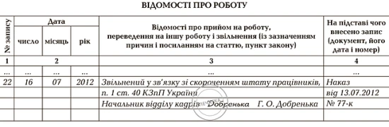 Запис про звільнення в трудовій книжці
