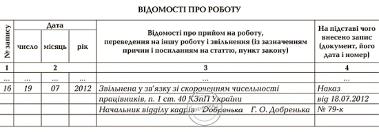 Запис про звільнення в трудовій книжці