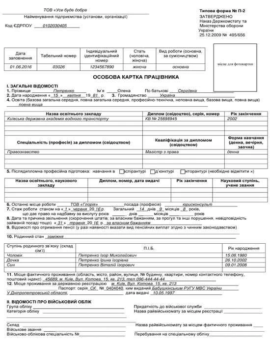 Порядок та зразок заповнення особової картки працівника