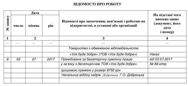 Запис до трудової книжки про заохочення Запис до трудової книжки про заохочення
