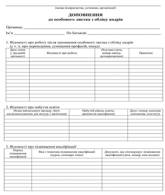 Зразок та особливості заповнення доповнення до особового листка з обліку кадрів