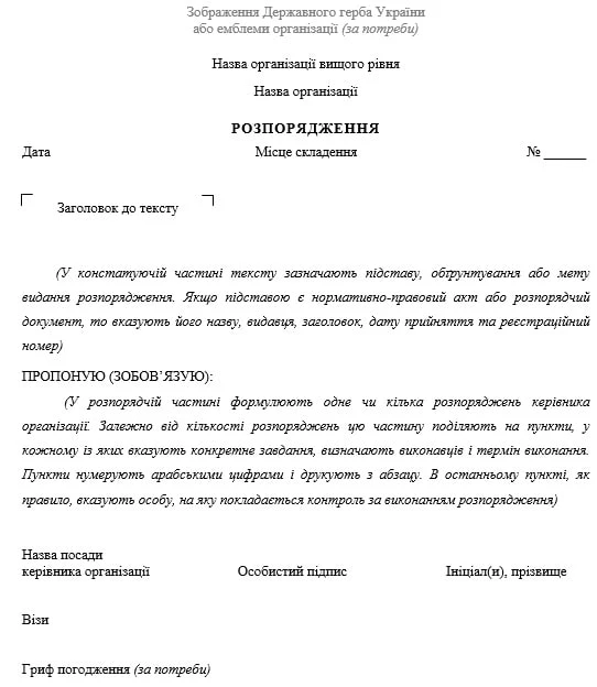 розпорядження форма