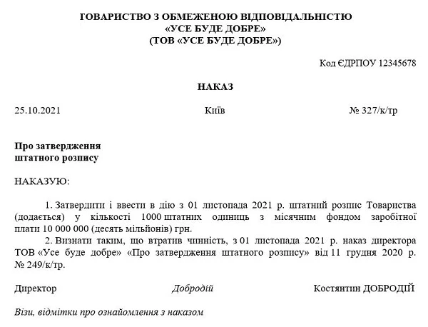 Наказ про затвердження штатного розпису (зразок) Наказ про затвердження штатного розпису (зразок)